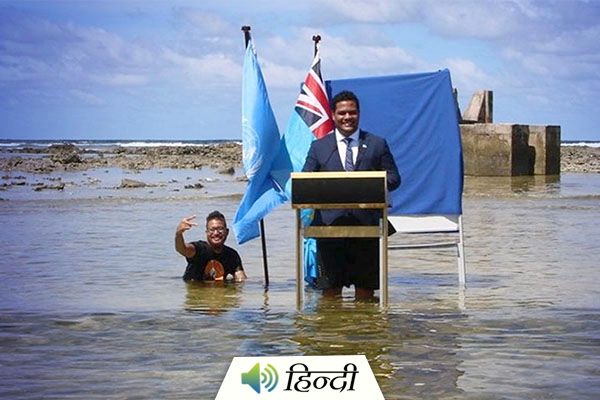 Tuvalu Minister Gives Speech Knee-Deep in the Ocean